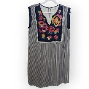 Andrée by Unit Embroidered Floral Blue and White Sleeveless Boho Mini Dress L